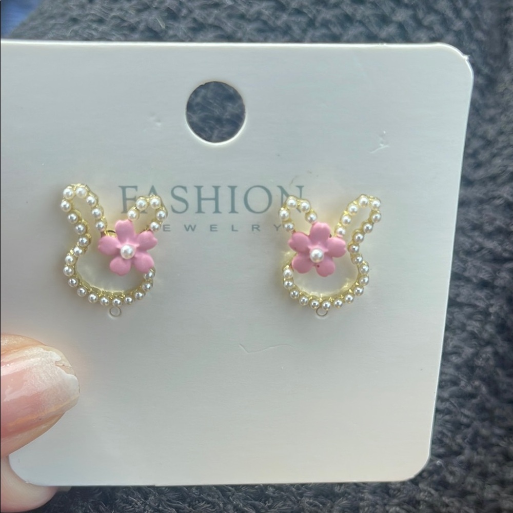 Gold and Pink bunny Earrings phone, Coral, gold tone, flower posts